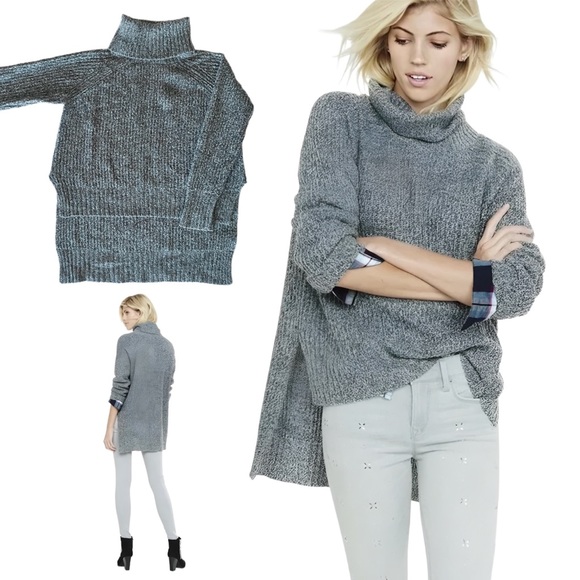 Express Sweaters - EXPRESS Gray Marled Extreme Hi-lo Hem Turtleneck Sweater Cropped Top Long Sleeve